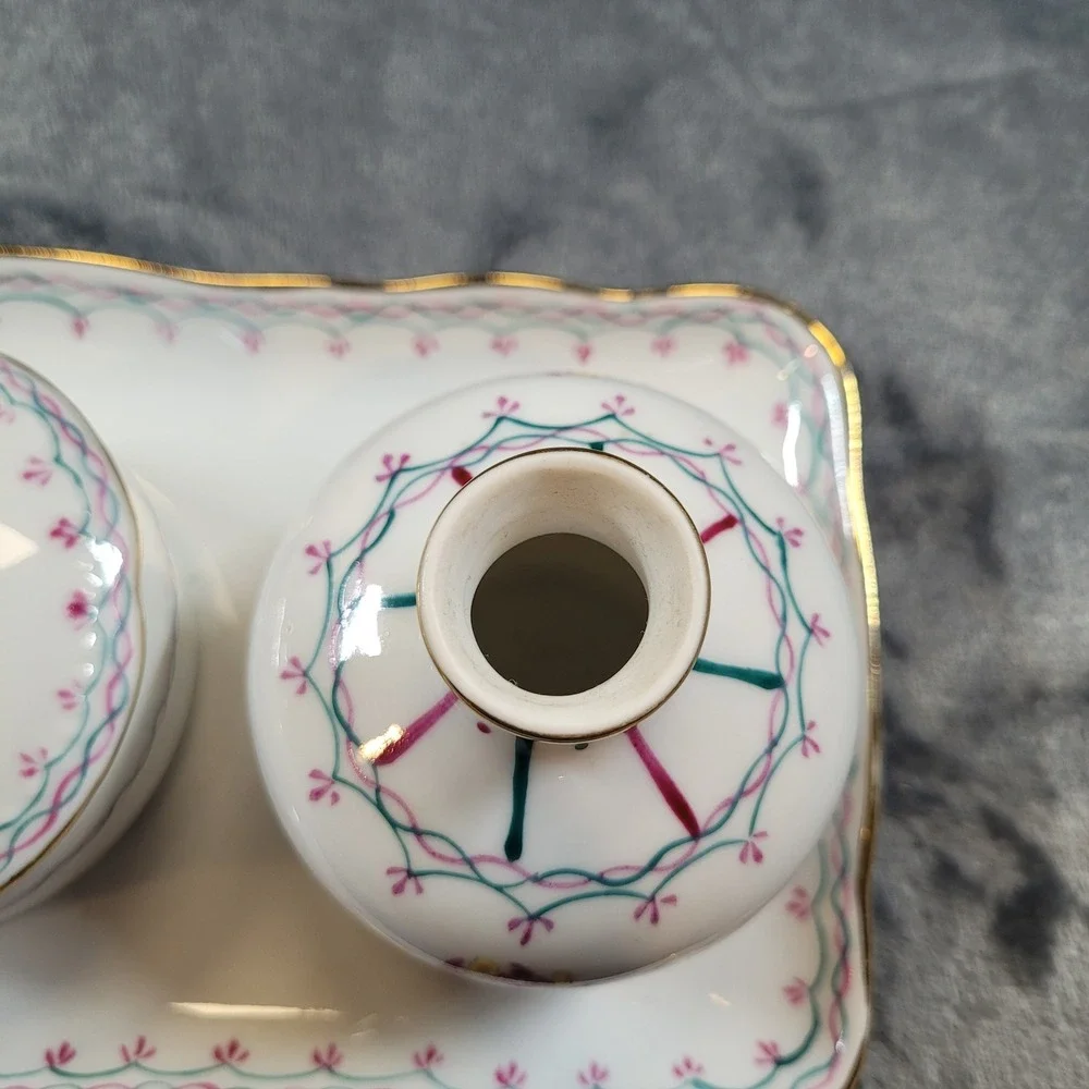 KPM Porcelain Vanity Set 4pc Floral Bud Vases Lidded Trinket Box and Tray